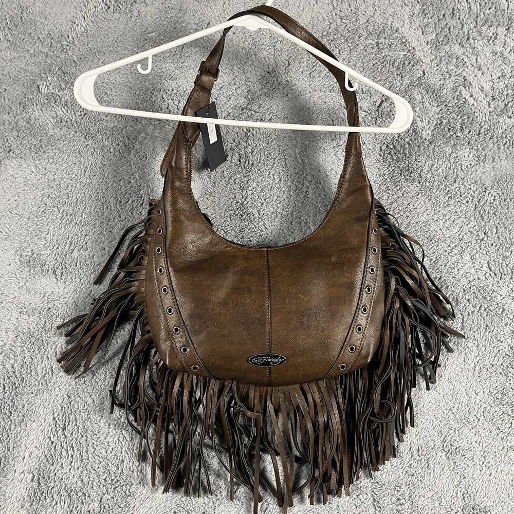 Ed Hardy Hobo Bag Womens Brown Leather Fringe Detail Shoulder Strap Zip Closure